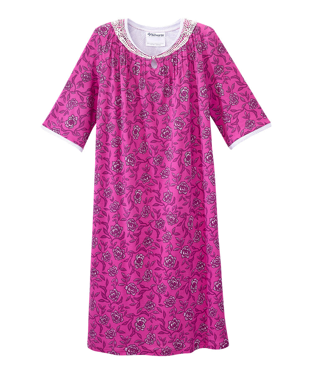 Open Back Knit Nightgown with Lace Trim