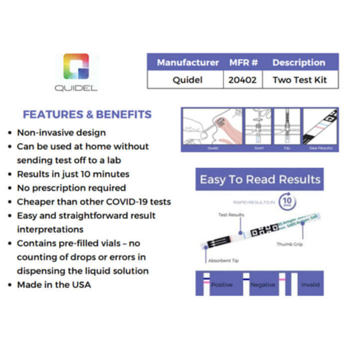 Quidel QuickVue COVID-19 Rapid Antigen At Home Test Kit with 2 Tests. Results in 10 Minutes.
